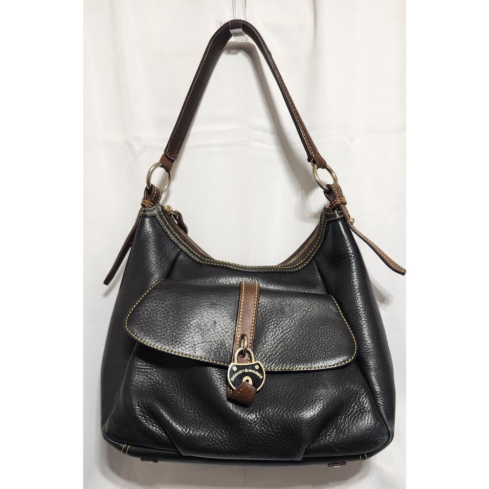 Dooney & Bourke Samba Black Brown Pebbled Leather Logo Lock Hobo Purse Bag